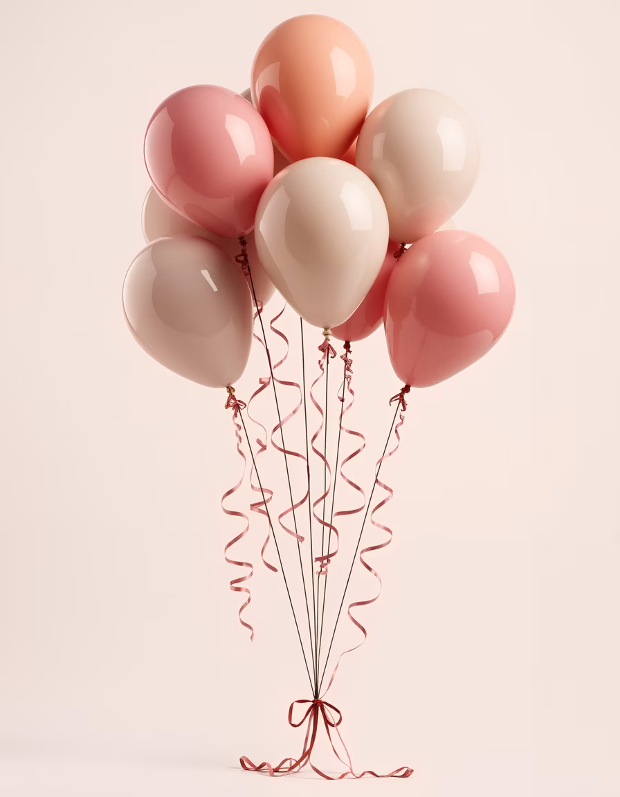 Soft pastel balloons tied with curly ribbons, celebrating joy and festivity.