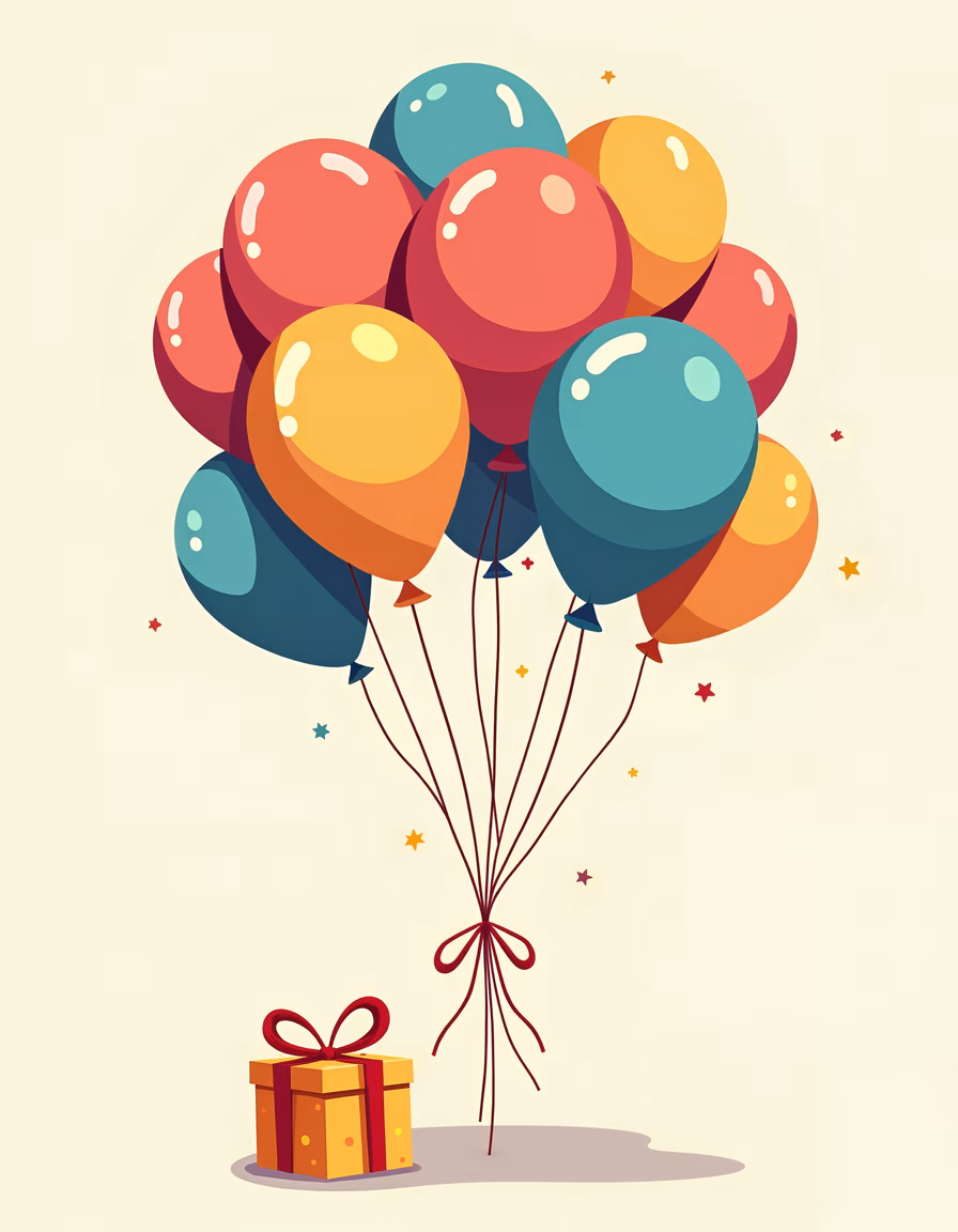 Colorful balloons and a gift box celebrating a joyful occasion.