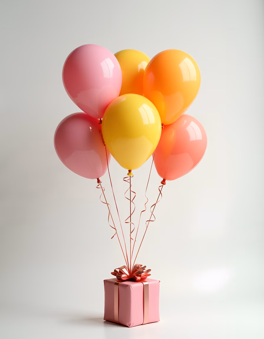 Bright balloons and a beautifully wrapped gift box celebrating joy and festivity.