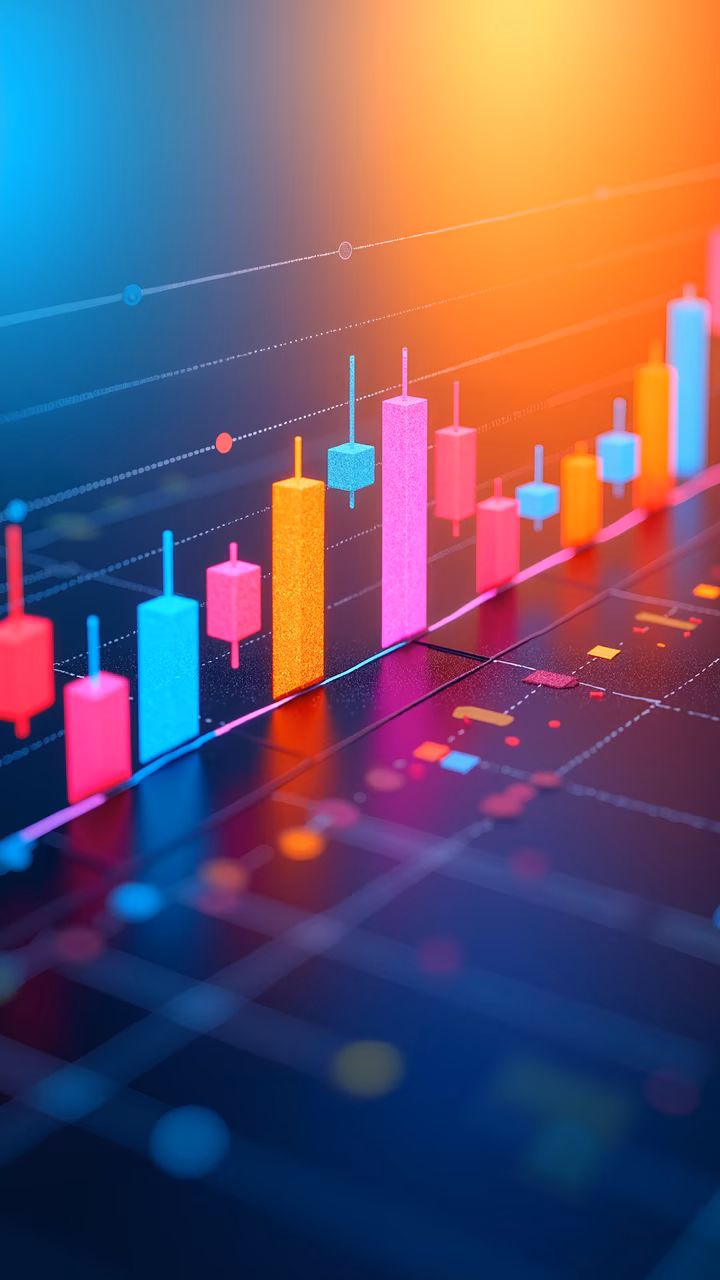 Vibrant bar chart illustration with bold colors and dynamic gradient background.
