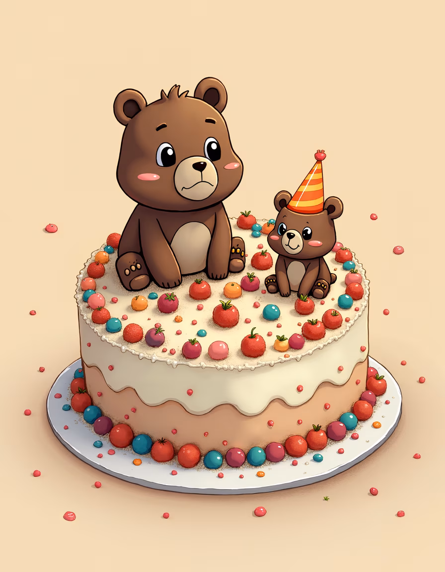 Two bears on a festive birthday cake, celebrating with fruits and sprinkles.