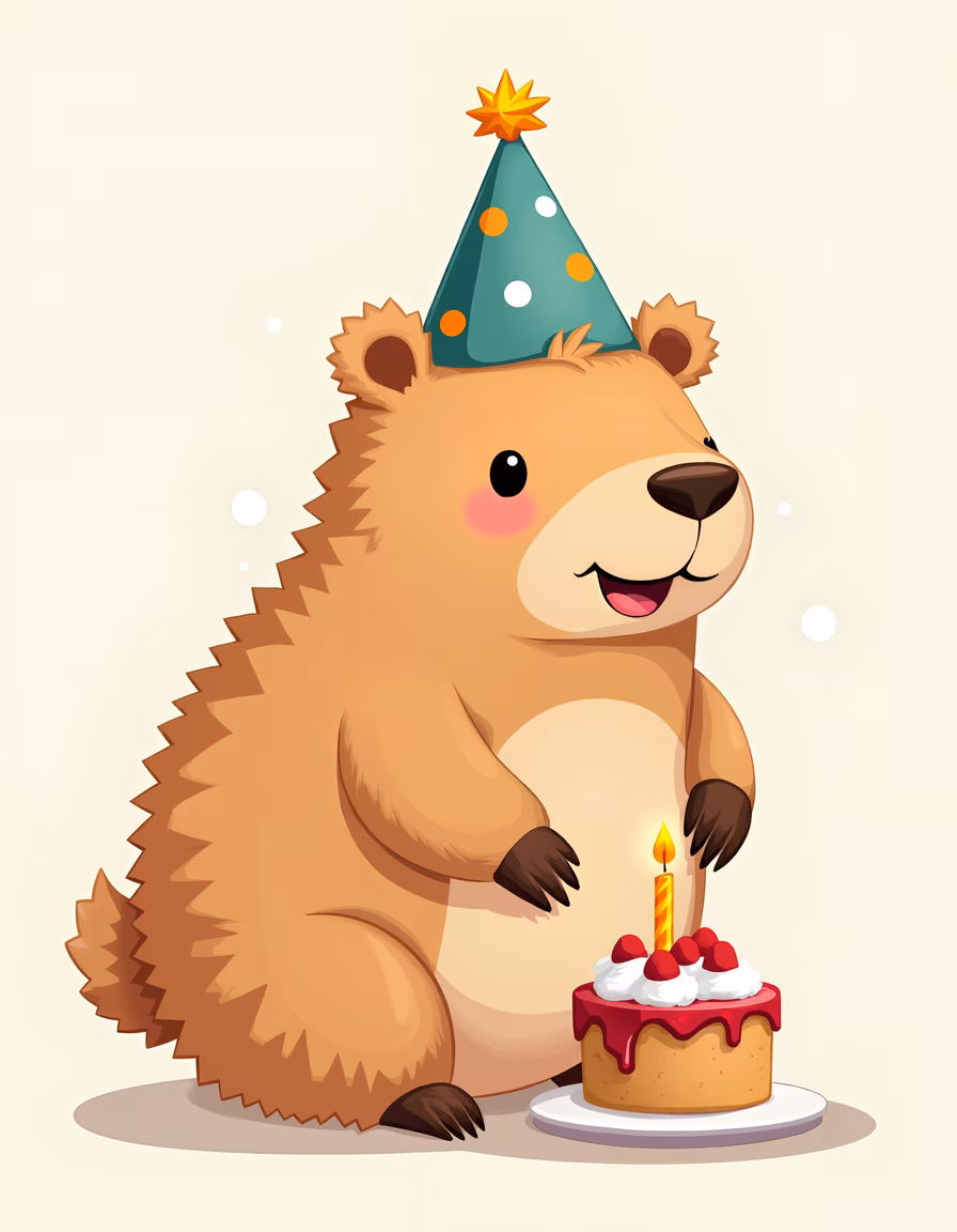A cute bear celebrating a birthday with a cake and party hat.
