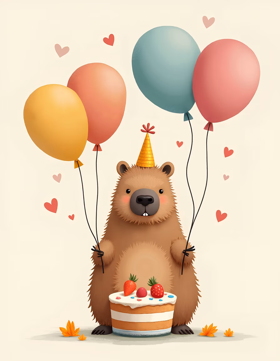 A cute bear celebrates its birthday with balloons and a colorful cake.
