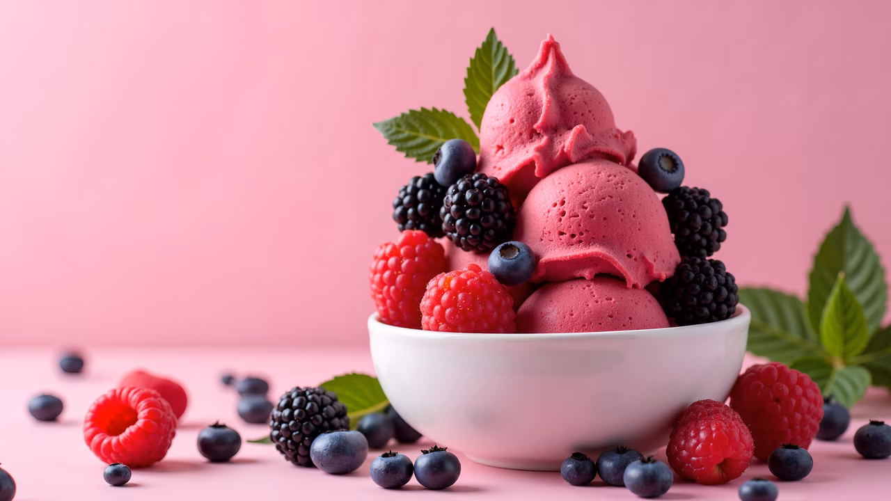 Vibrant pink ice cream with fresh berries and mint leaves, perfect for summer treats!
