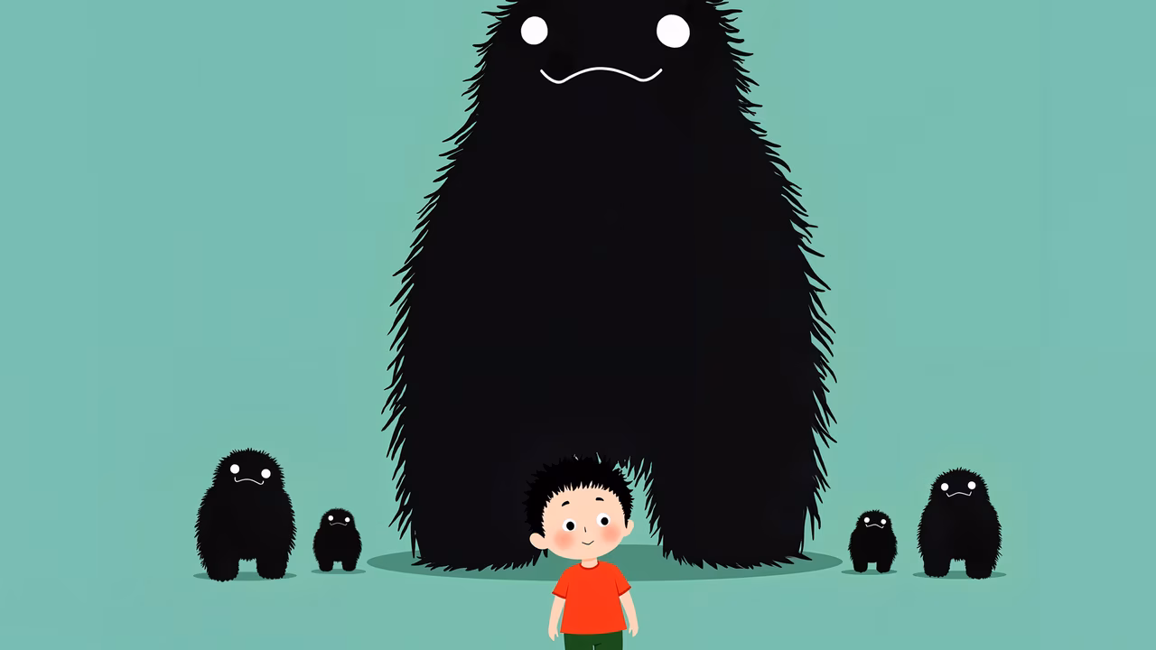 A big black monster and a brave little boy in a red shirt.