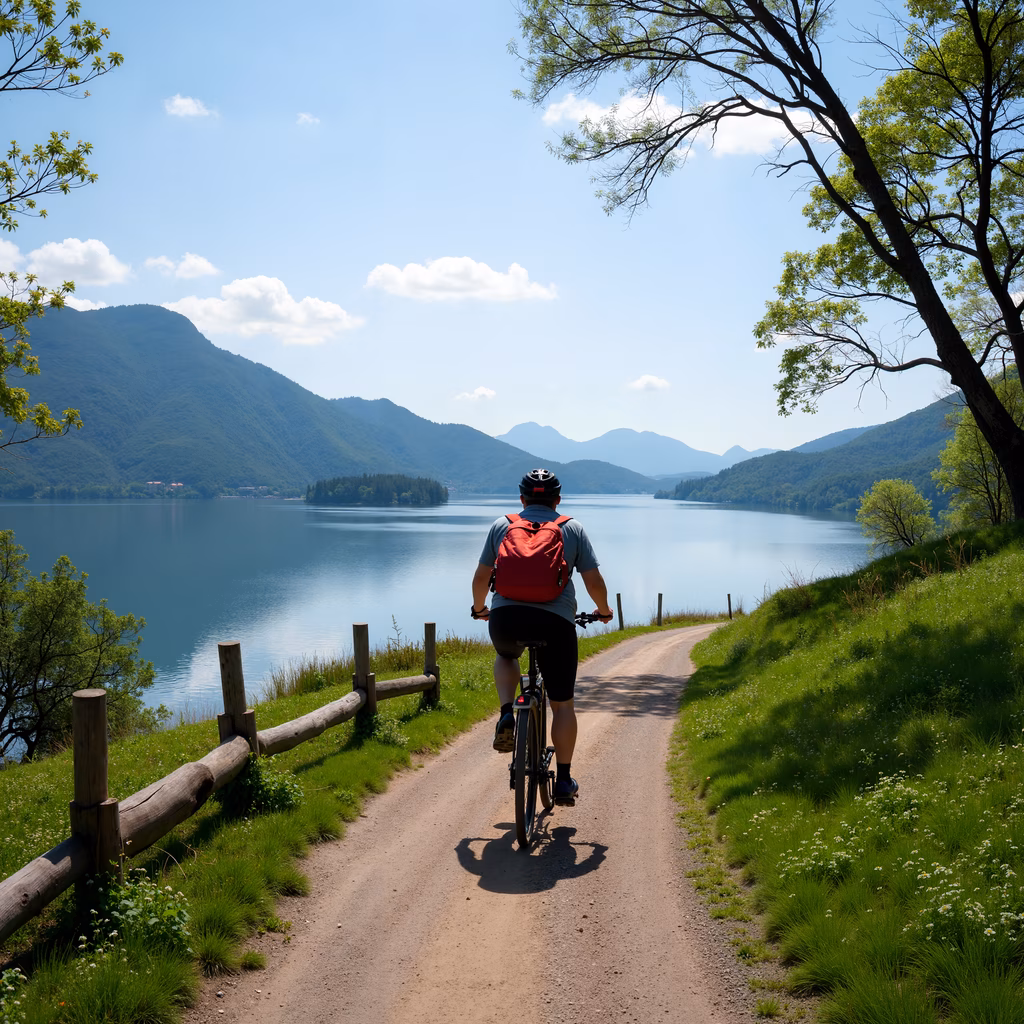 Cyclist enjoying a peaceful lakeside ride amidst nature.