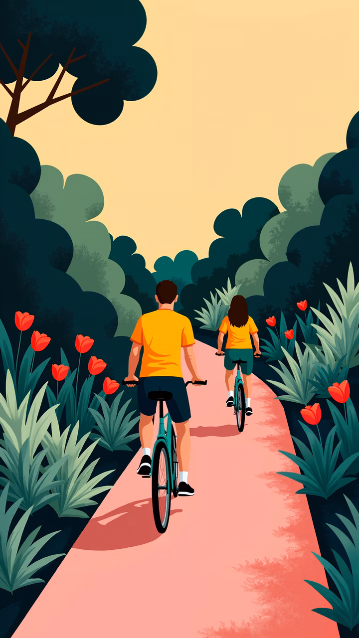 Two cyclists enjoying a peaceful bike ride amidst a colorful garden setting.