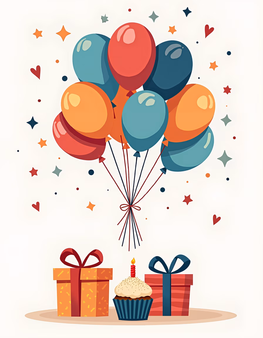Colorful balloons and gifts celebrating a birthday party.