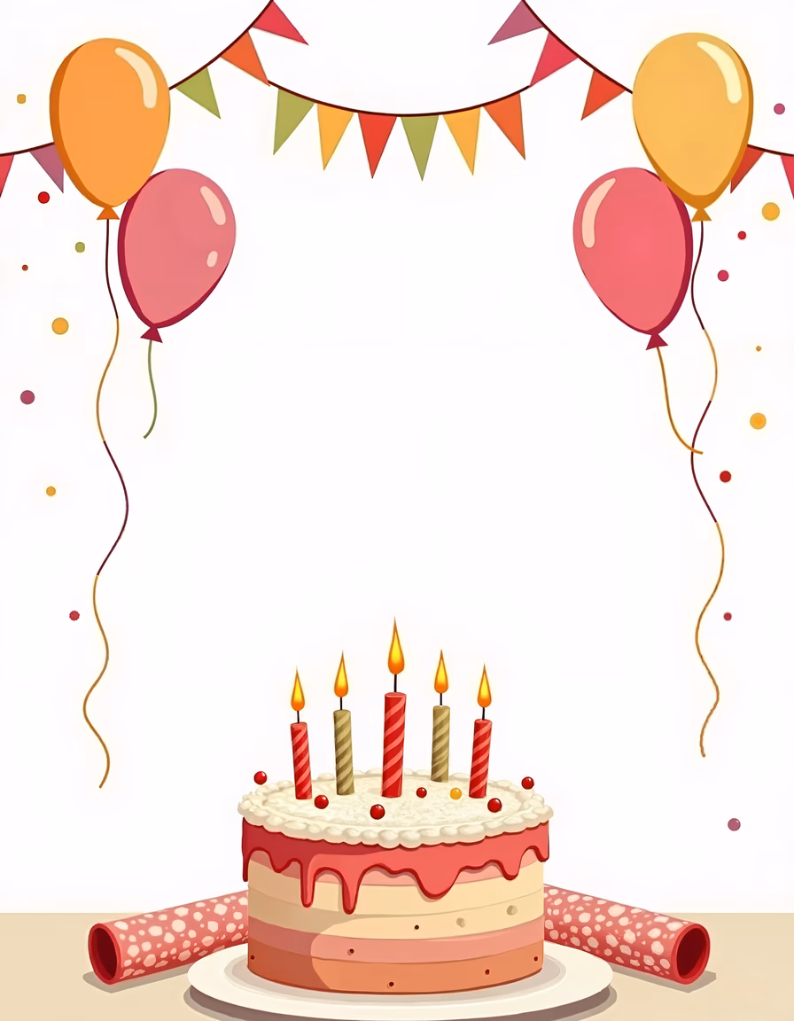 Brightly colored birthday cake with candles and balloons celebrating joyfully.