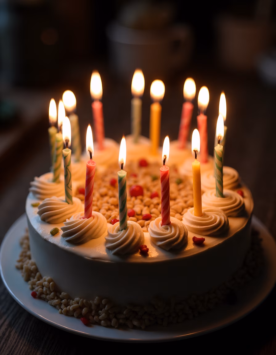 Close-up of a colorful birthday cake with lit candles, celebrating joy and festivity.