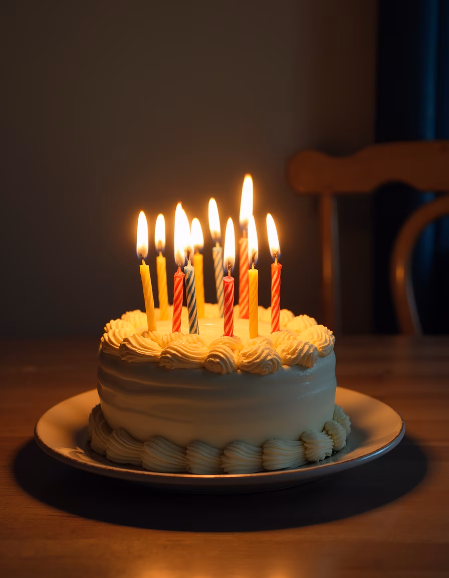 A festive birthday cake with glowing candles on a wooden table.