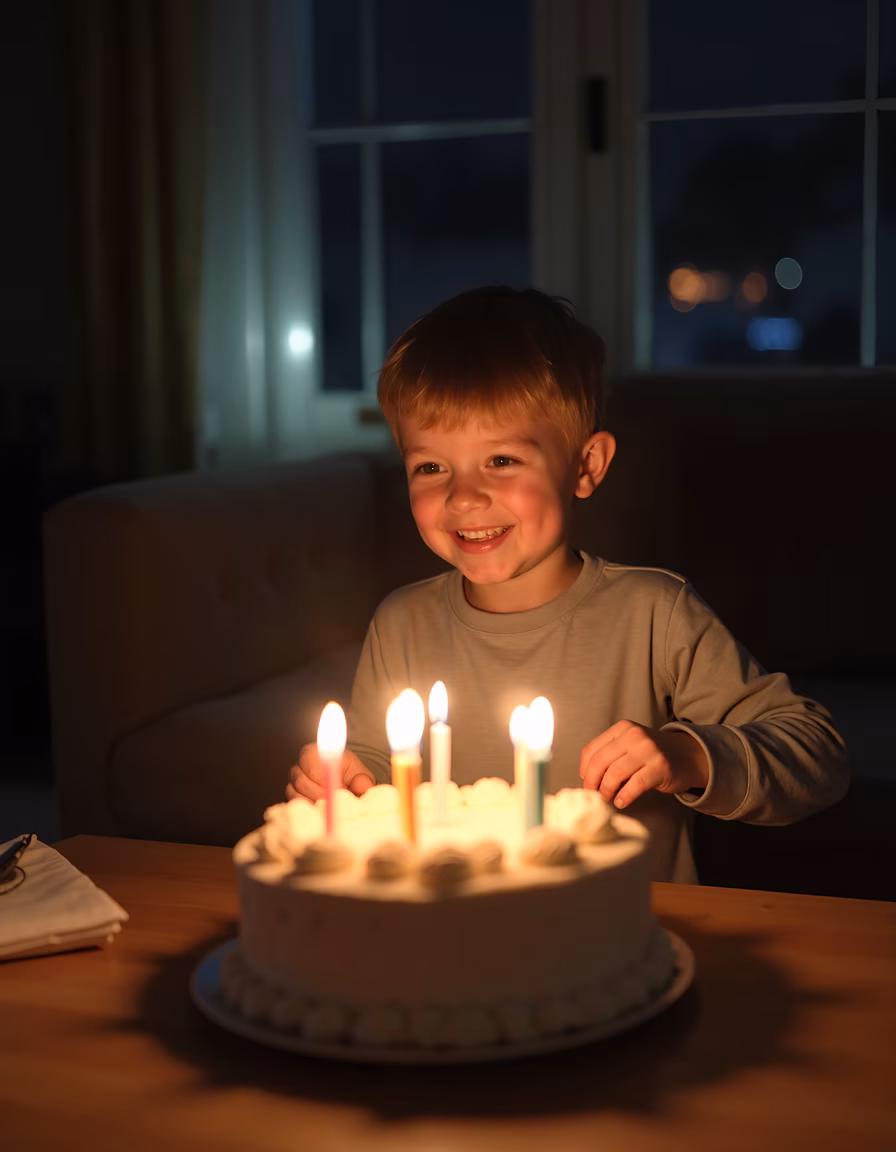 A child's joyful moment with a birthday cake, captured in a warm, intimate setting.