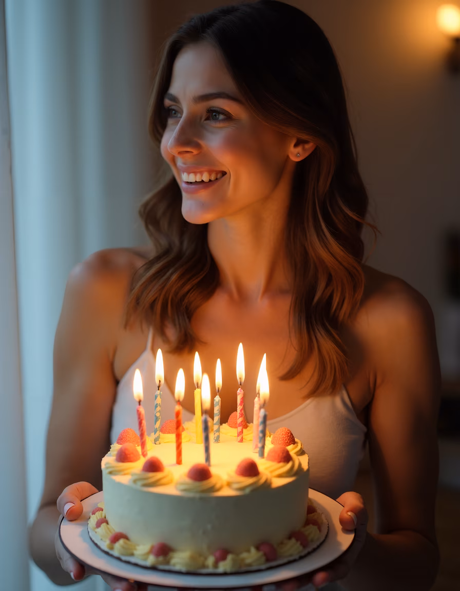 A cheerful woman holding a birthday cake with lit candles, celebrating joyfully.
