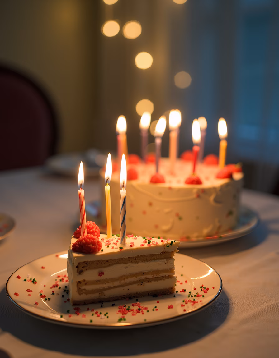 A slice of festive birthday cake with lit candles and sprinkles, celebrating joy and celebration.