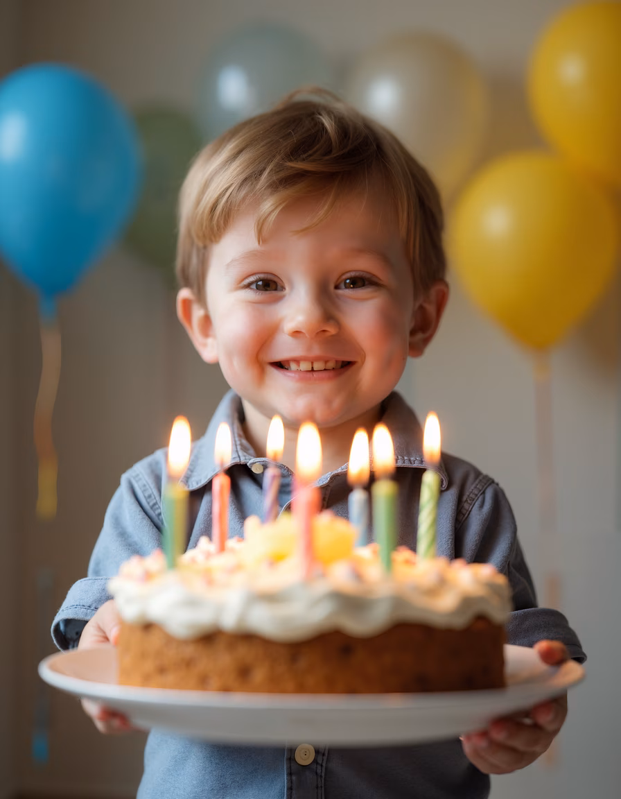 A cheerful child celebrating with a birthday cake and balloons.