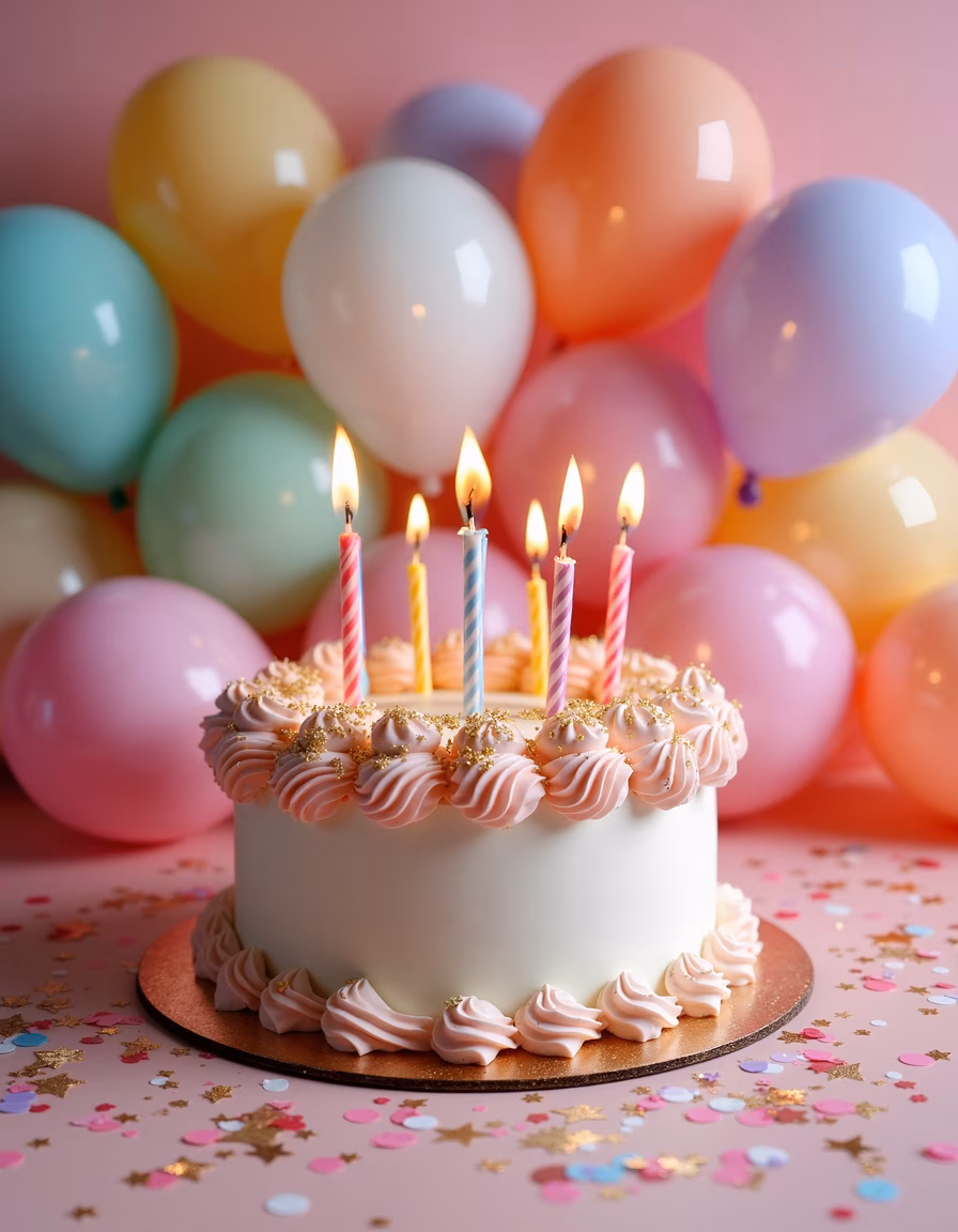 A festive birthday cake with lit candles and colorful balloons.
