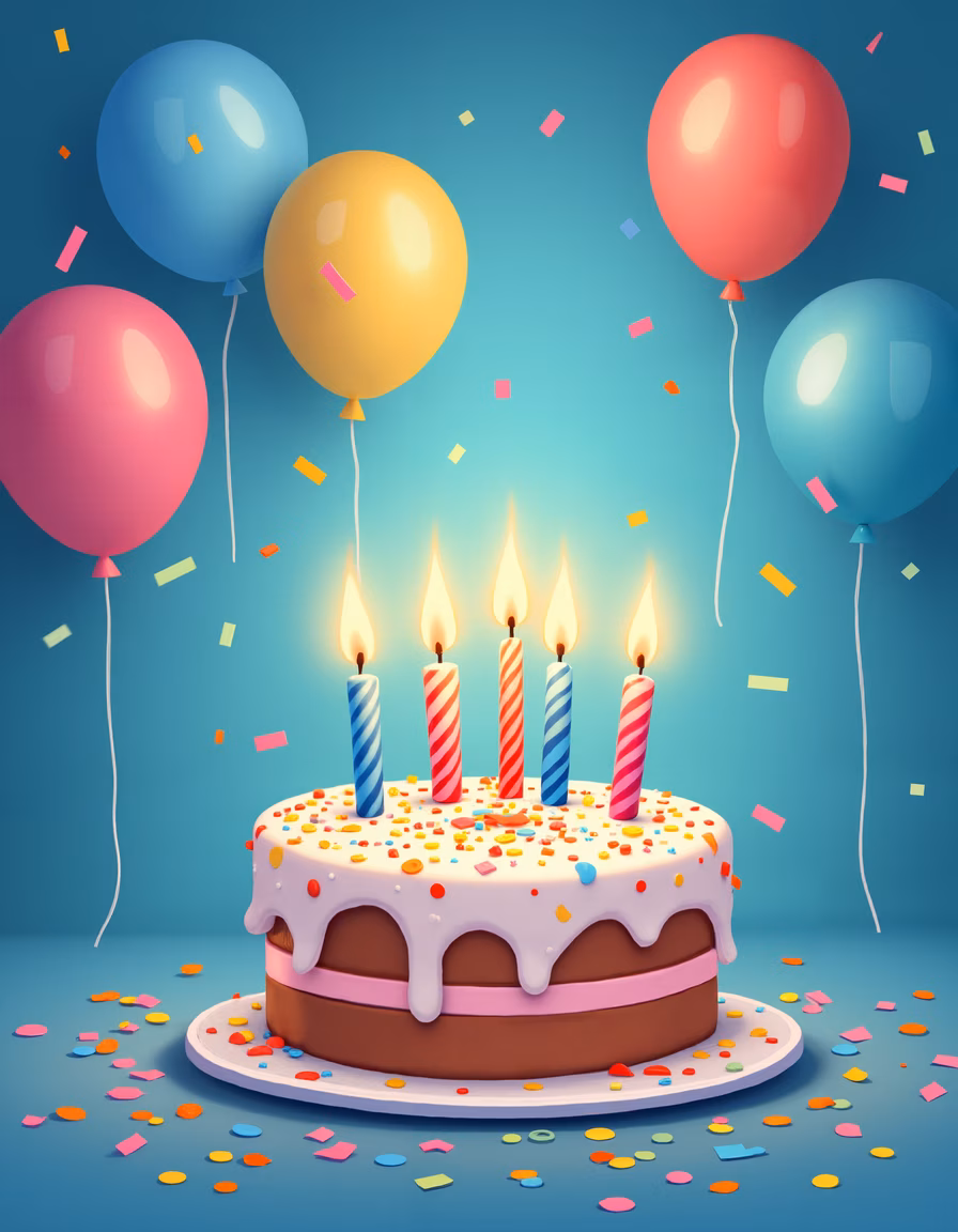 Colorful birthday cake with candles and balloons, celebrating joyfully!