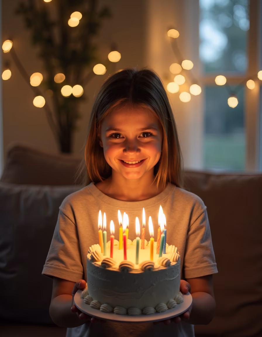 A cheerful child celebrating with a lit birthday cake in a warmly lit home setting.
