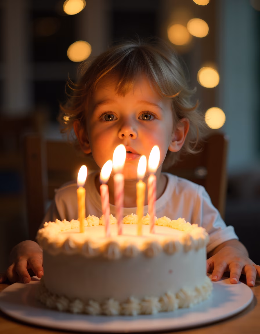 A child prepares to blow out candles on a birthday cake, surrounded by warm bokeh lights.