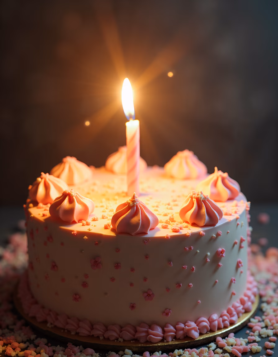 Delicate pink meringues and sprinkles adorn a birthday cake with a lit candle, celebrating joy and festivity.