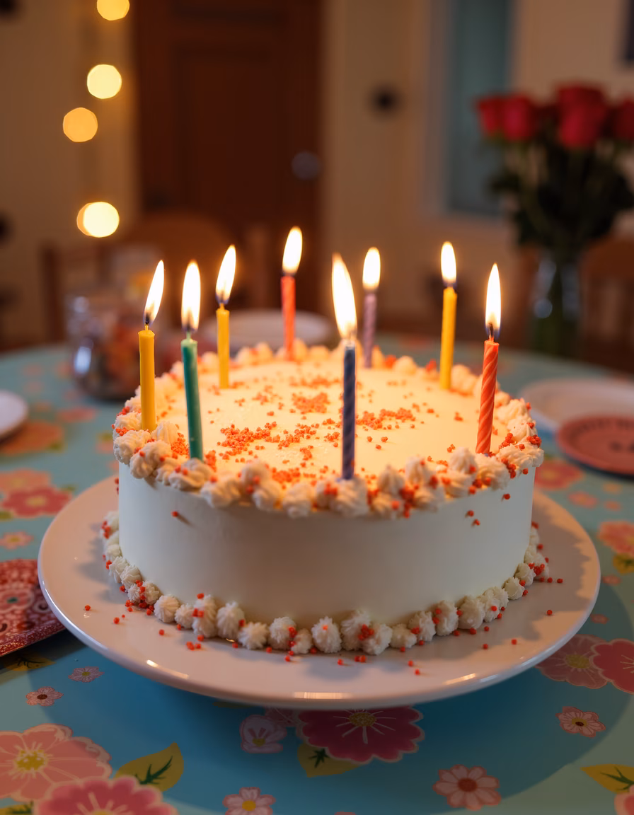 A festive birthday cake with colorful candles and a floral tablecloth, celebrating joy and warmth.
