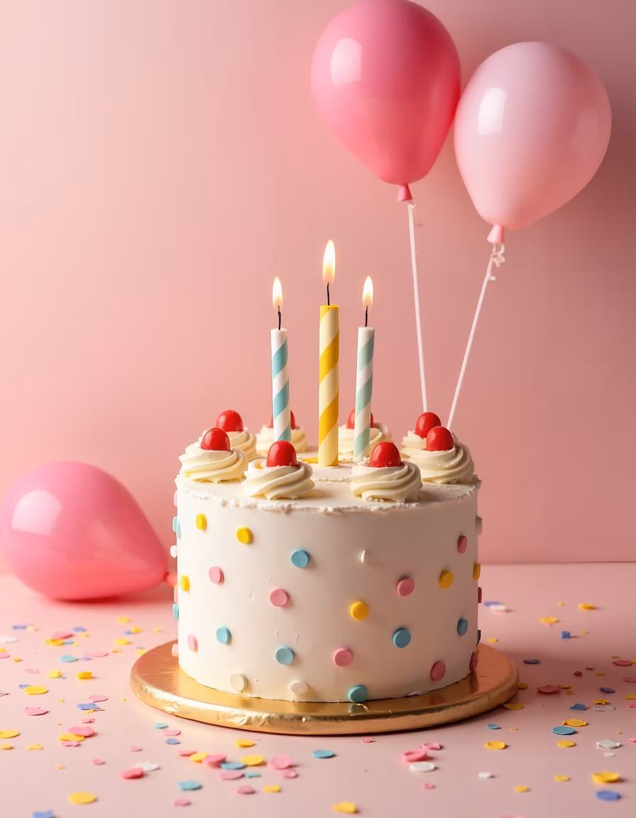 Brightly decorated birthday cake with candles and balloons, celebrating joyfully.