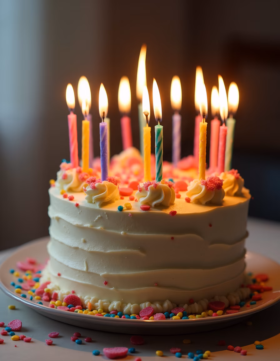 A festive birthday cake with lit candles and colorful decorations, perfect for celebrations.