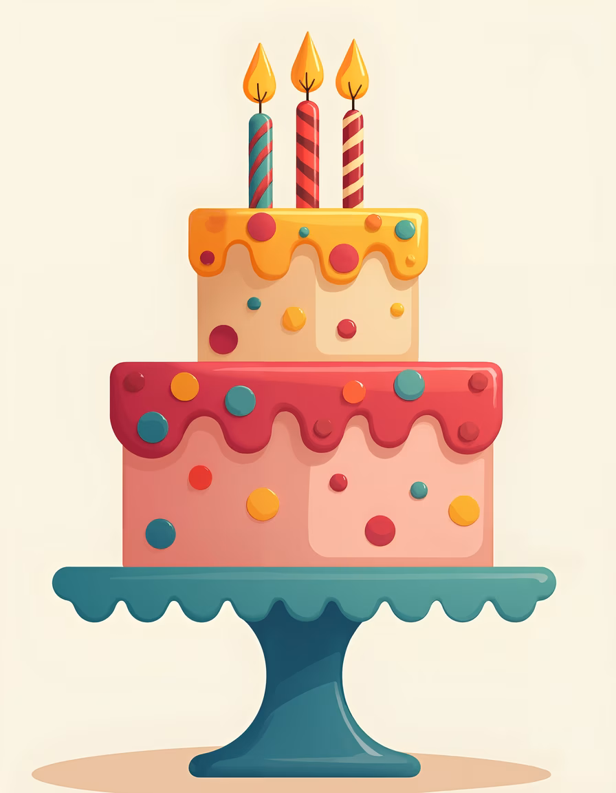 A cheerful, cartoon-style birthday cake with colorful candies and candles.