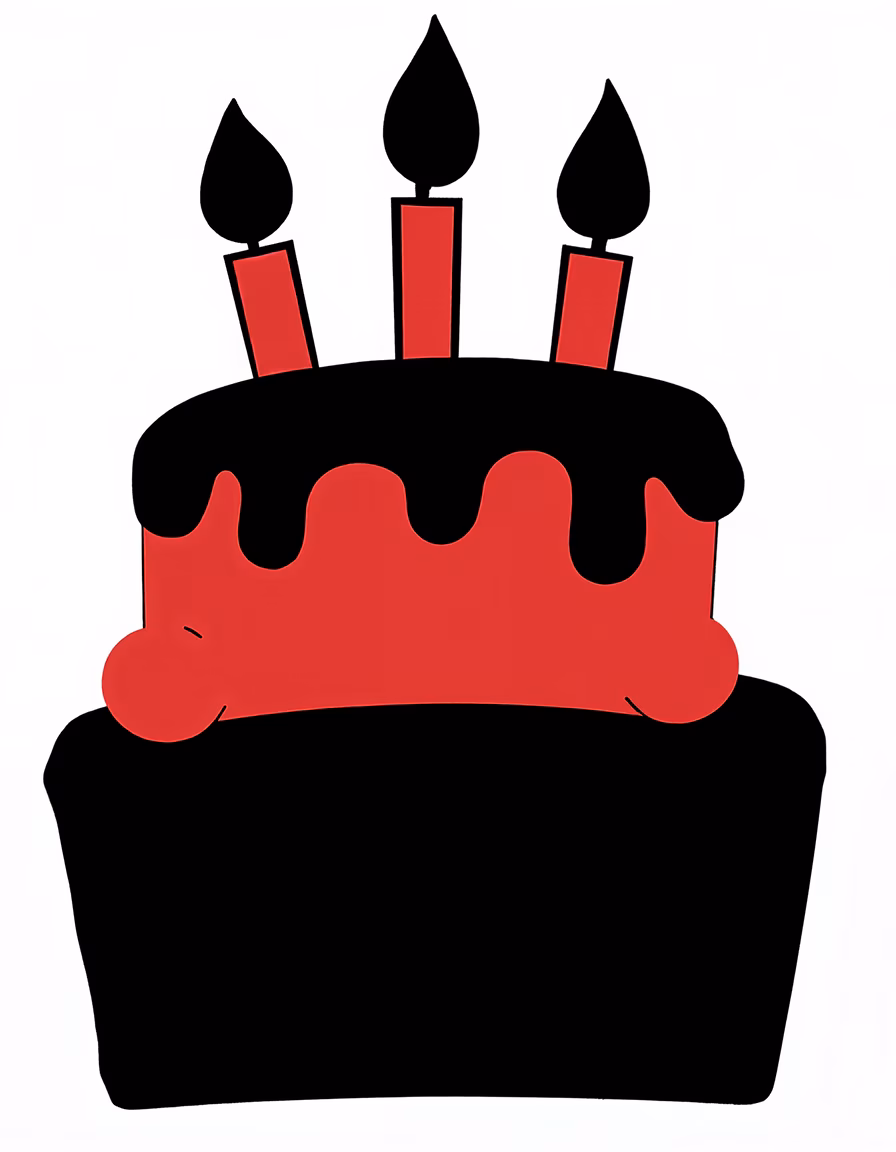 A festive birthday cake illustration with red candles and dripping icing.