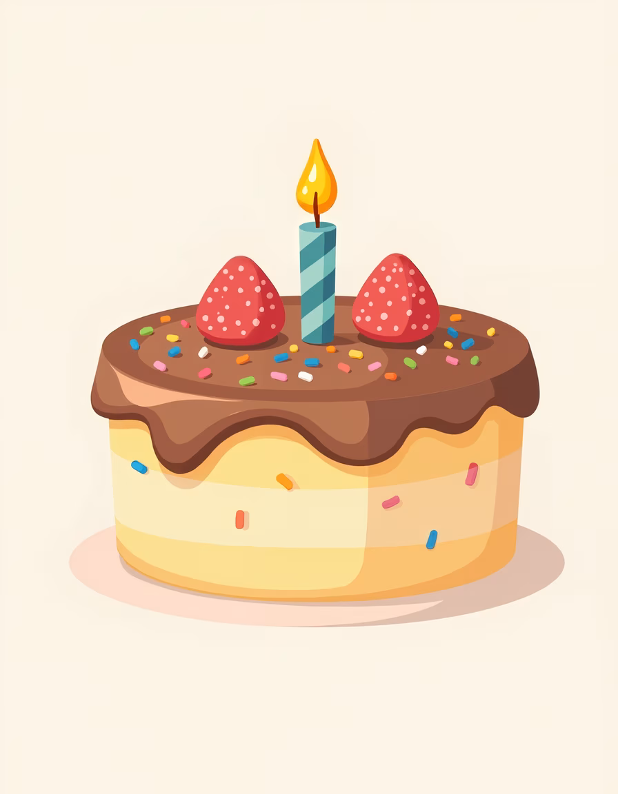 A festive birthday cake illustration with chocolate frosting and a lit candle.