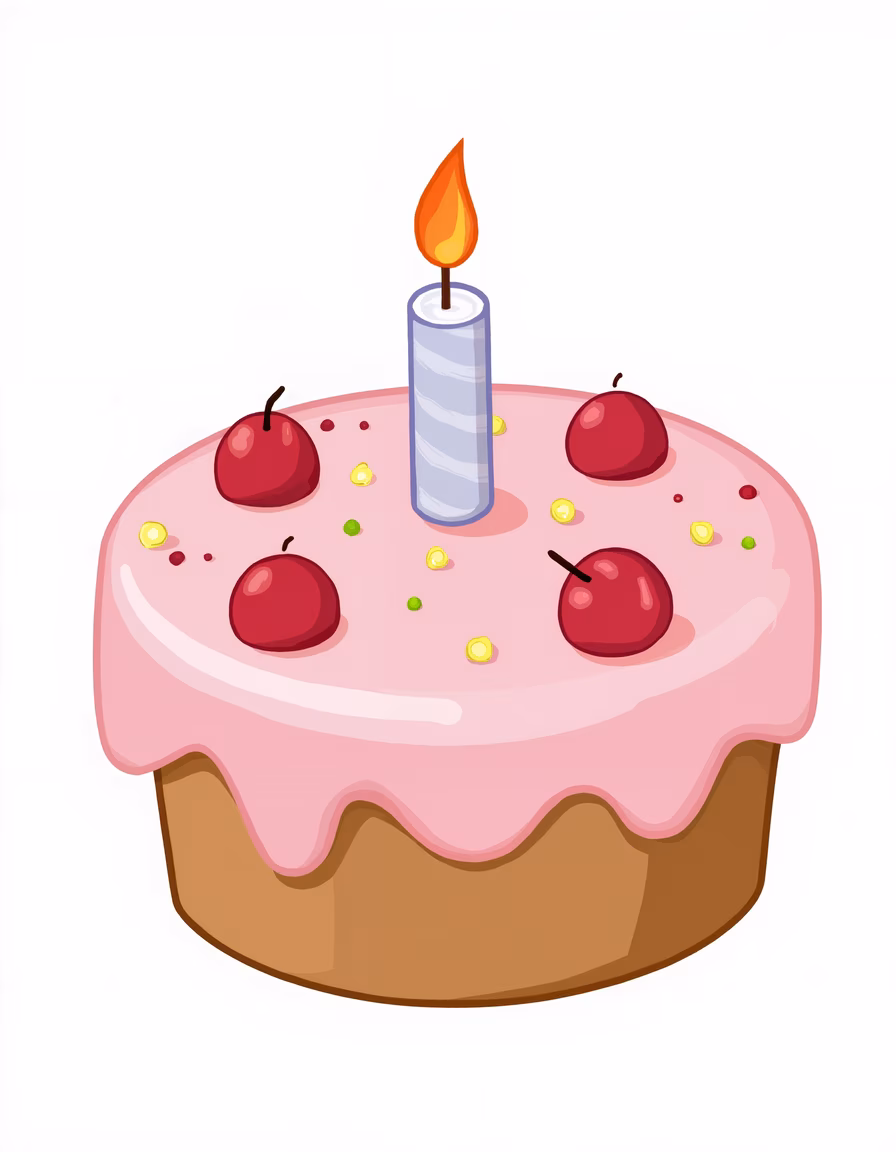Delightful birthday cake illustration with cherries and a lit candle.