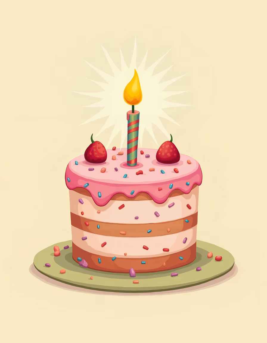 A cheerful birthday cake illustration with pink frosting and a lit candle, celebrating joy and festivity.