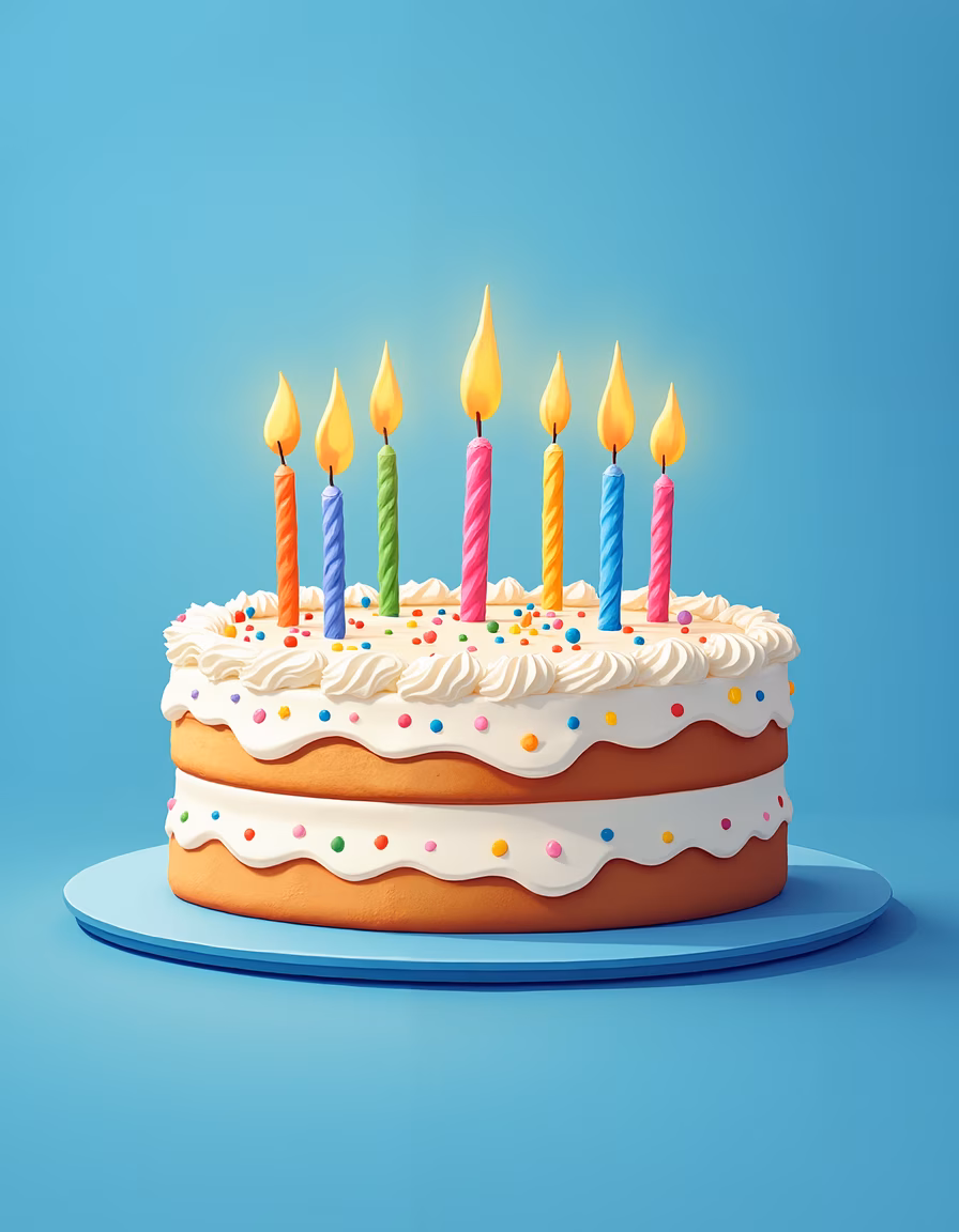 A festive birthday cake with colorful candles on a blue background.