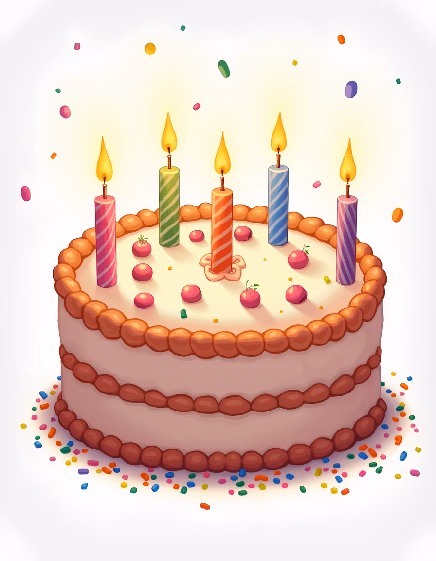 A cheerful birthday cake with colorful candles and confetti, celebrating joyfully.