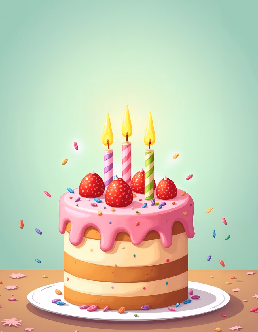 A festive birthday cake illustration with colorful candles and fresh strawberries.