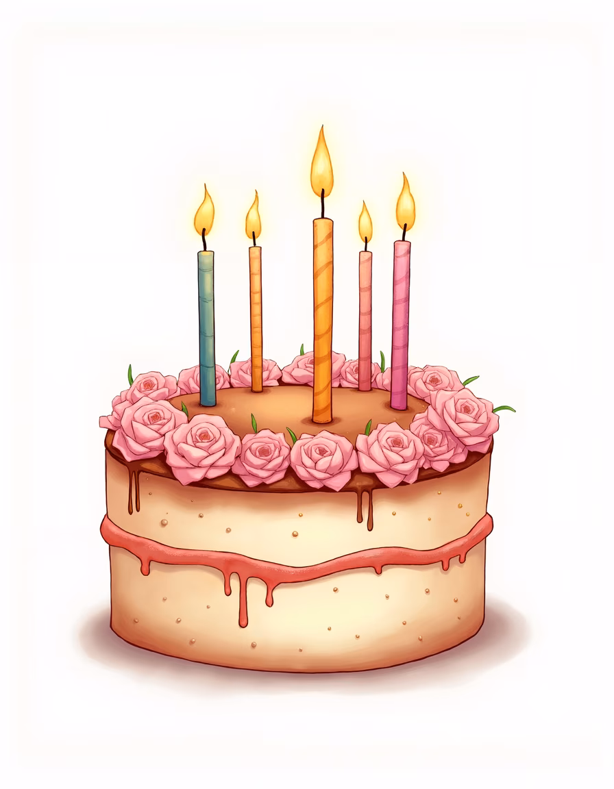 A beautifully illustrated birthday cake with colorful candles and pink roses, celebrating joy and festivity.