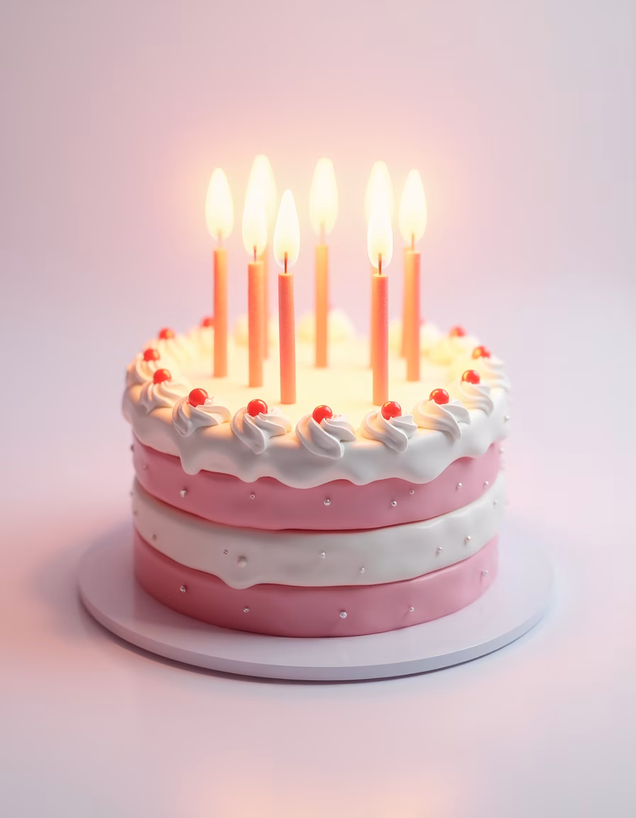 A festive birthday cake with lit candles and cherries, perfect for celebrations!