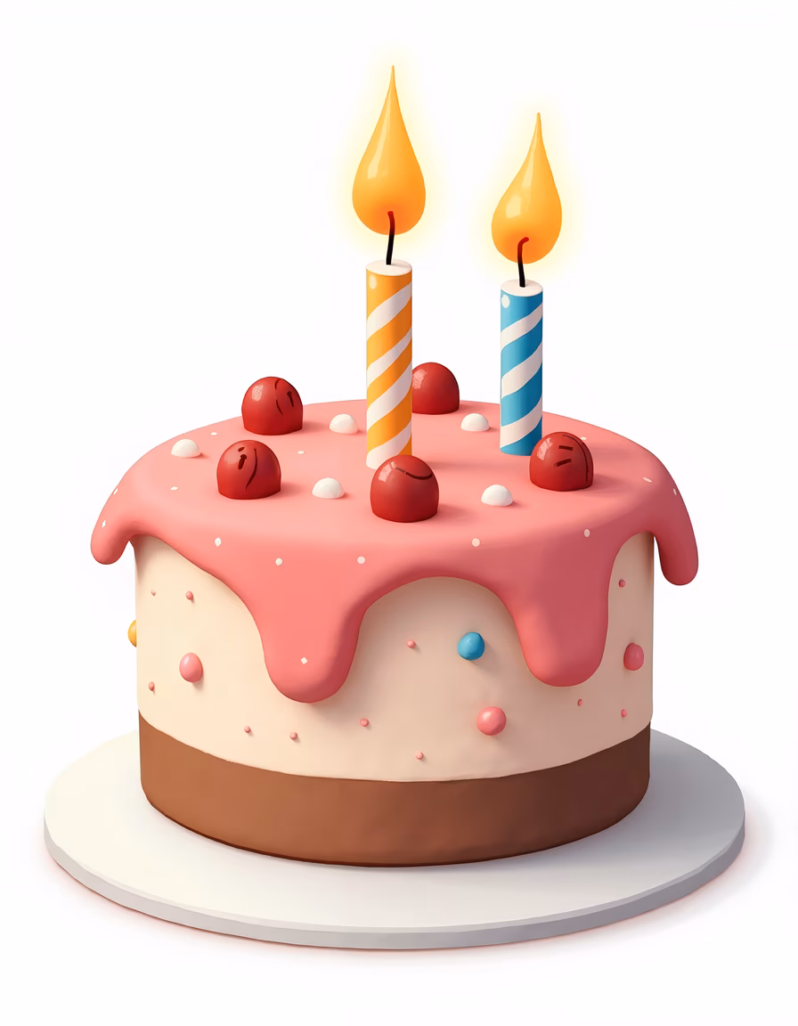 A cheerful birthday cake with two lit candles, perfect for celebrations!