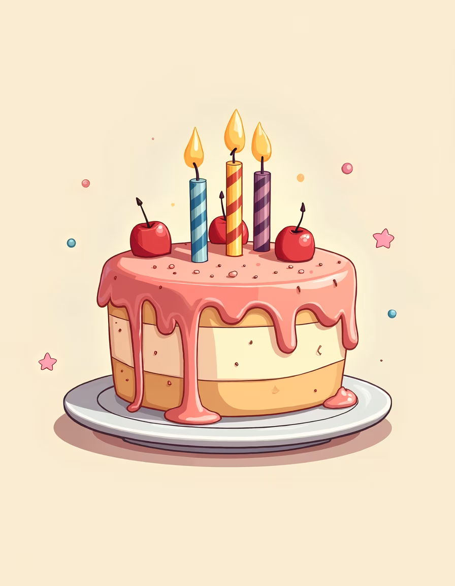 A festive birthday cake illustration with drippy icing and lit candles.