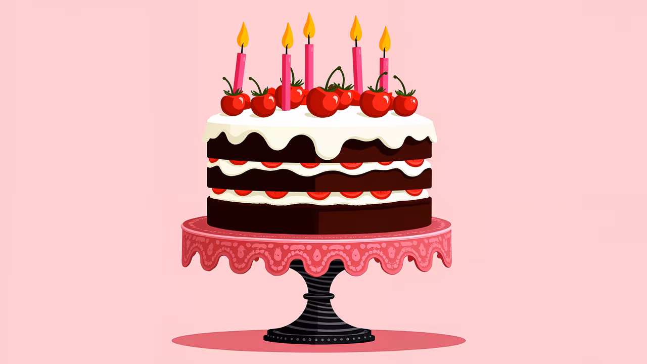 A festive chocolate cake with cherries and candles, perfect for birthdays!