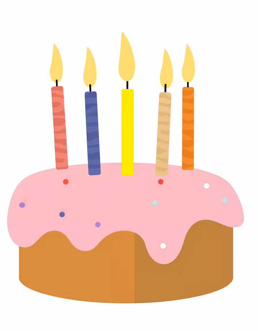A cheerful birthday cake with colorful candles and pink frosting.