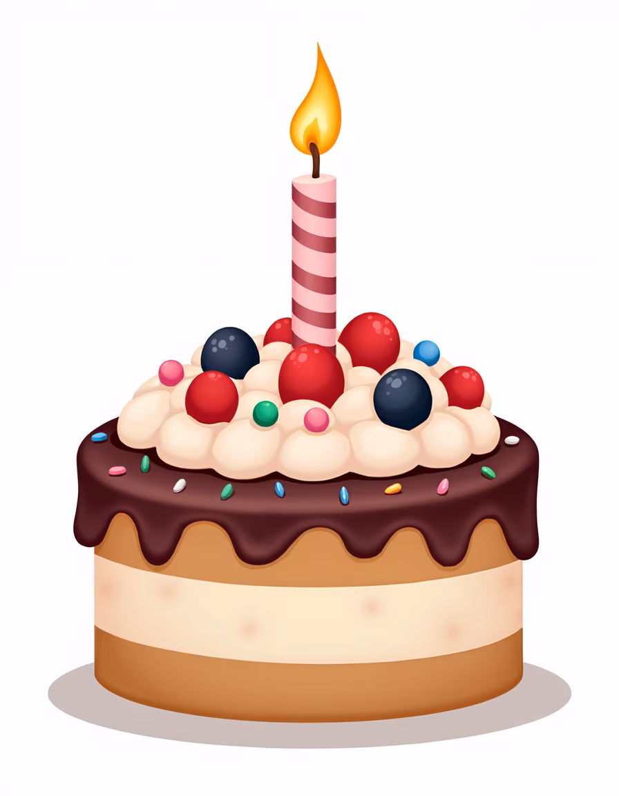 A festive birthday cake with a lit candle and colorful candies.