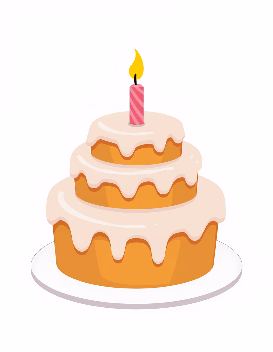 A festive birthday cake illustration with a dripping cream frosting and a pink candle.