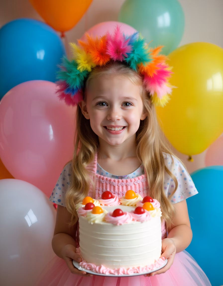 A happy child celebrating her birthday with a colorful cake and balloons.