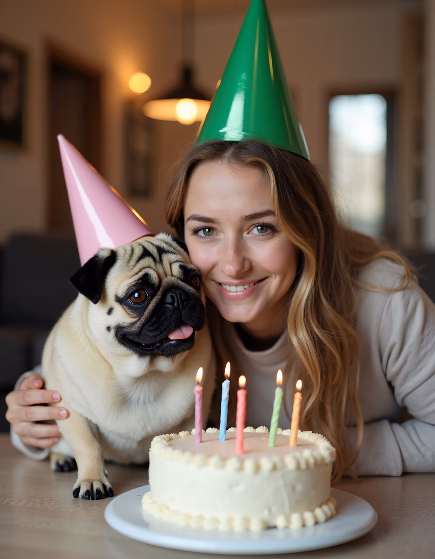 A woman and her pug celebrating a birthday with a cake and party hats.