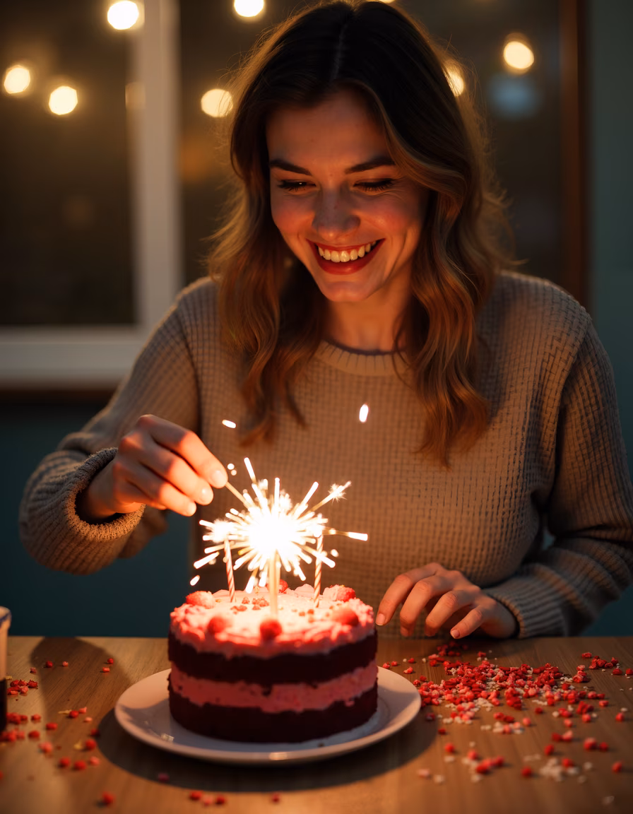 Woman lighting sparklers on a red velvet cake, celebrating joyfully.