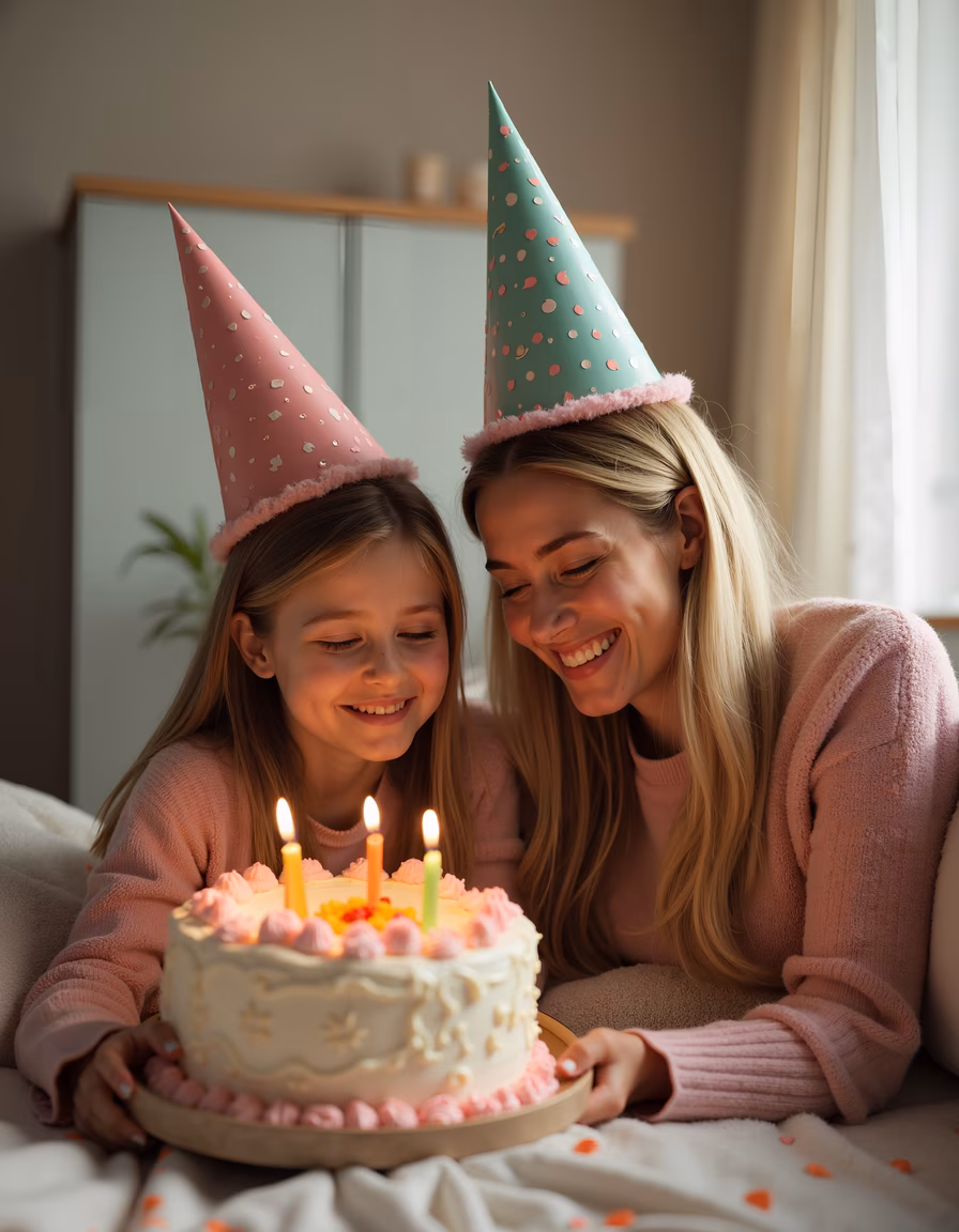 Mother and daughter celebrating birthday with a festive cake and party hats.