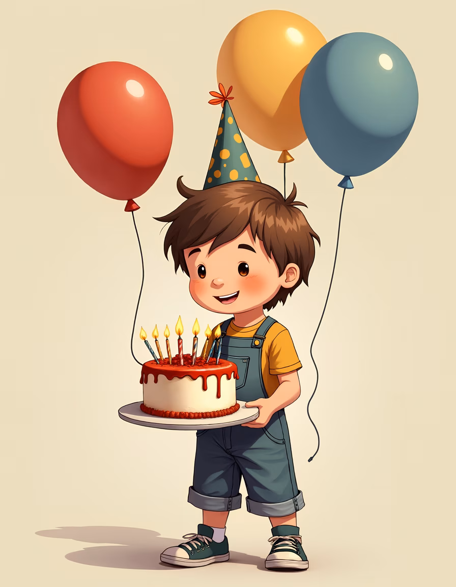 Brightly colored birthday illustration featuring a joyful child holding a cake with lit candles.