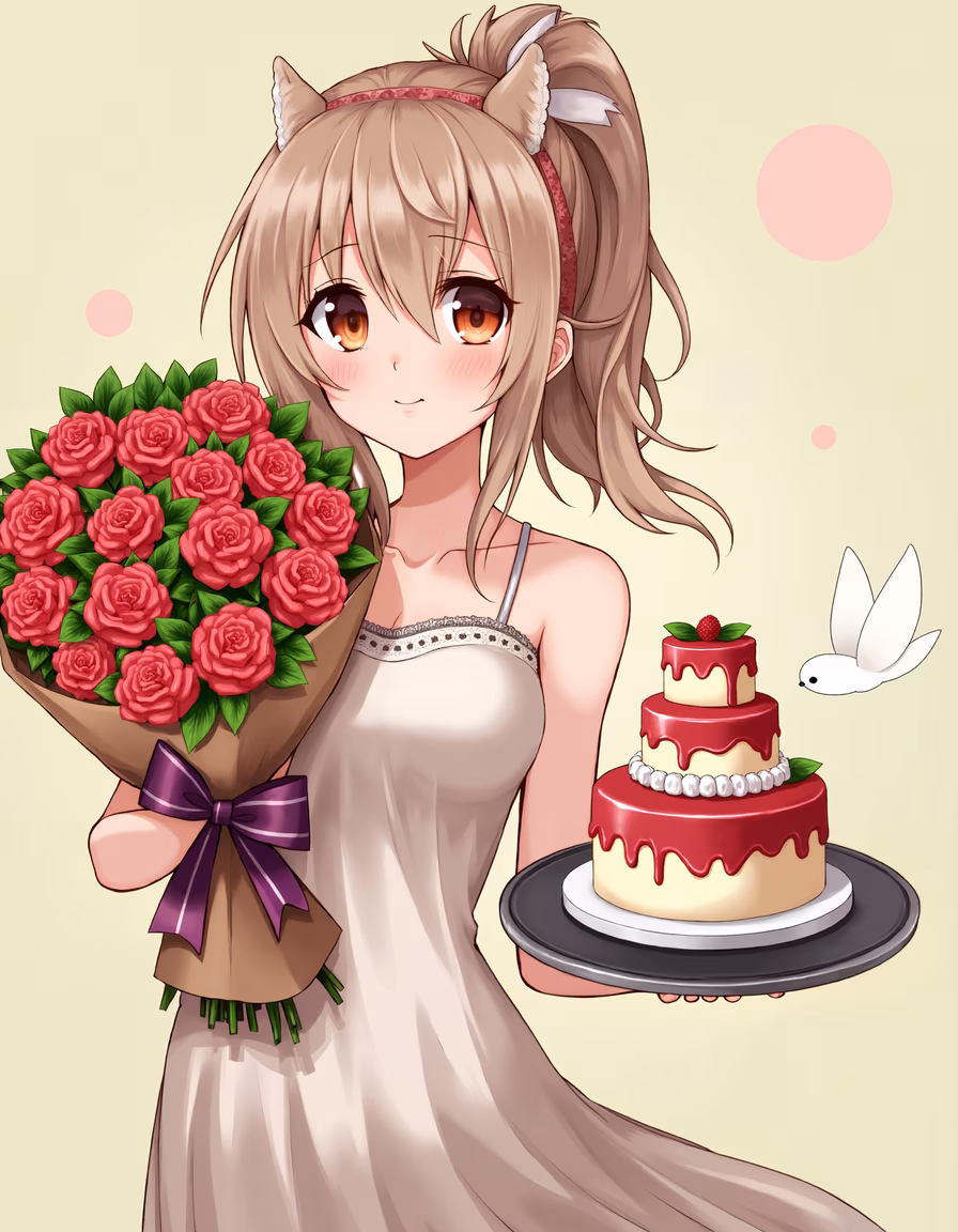 A joyful anime girl celebrating her birthday with flowers and cake.