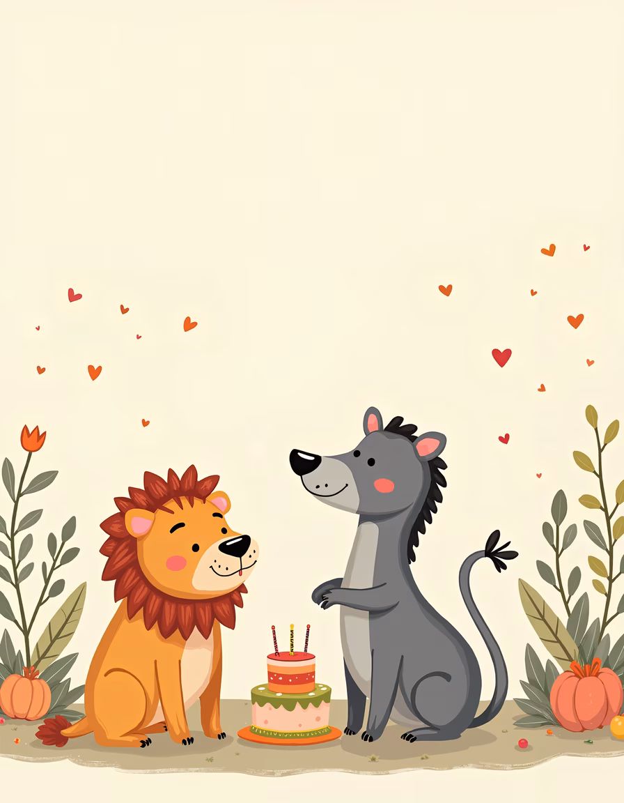 A heartwarming birthday celebration between a lion and a wolf in a pastel-colored autumn setting.